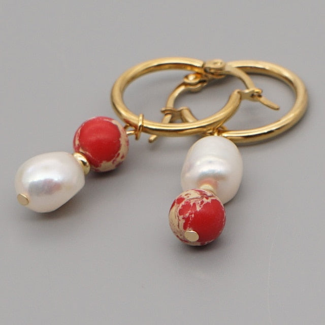 Asymmetric Pearl Earrings - Pearl & Sunstone - Earrings - Pretland | Spiritual Crystals & Jewelry