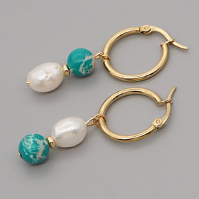 Asymmetric Pearl Earrings - Pearl & Amazonite - Earrings - Pretland | Spiritual Crystals & Jewelry