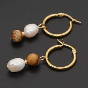 Asymmetric Pearl Earrings - Pearl & Tiger Eye - Earrings - Pretland | Spiritual Crystals & Jewelry